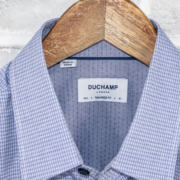 DUCHAMP London Tailored Fit Button up Shirt blue geo Men's size 16 Large - Picture 3 of 6